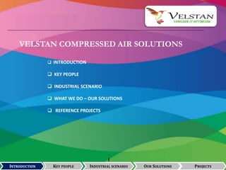  INTRODUCTION
 KEY PEOPLE
 INDUSTRIAL SCENARIO
 WHAT WE DO – OUR SOLUTIONS
 REFERENCE PROJECTS
INTRODUCTION KEY PEOPLE
I
INDUSTRIAL SCENARIO OUR SOLUTIONS
VELSTAN COMPRESSED AIR SOLUTIONS
PROJECTS
 