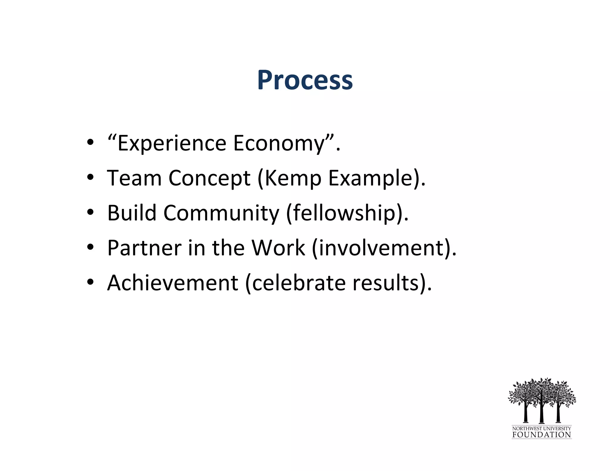 Process
• “Experience Economy”.
• Team Concept (Kemp Example).
• Build Community (fellowship).
• Partner in the Work (involvement).
• Achievement (celebrate results).
 