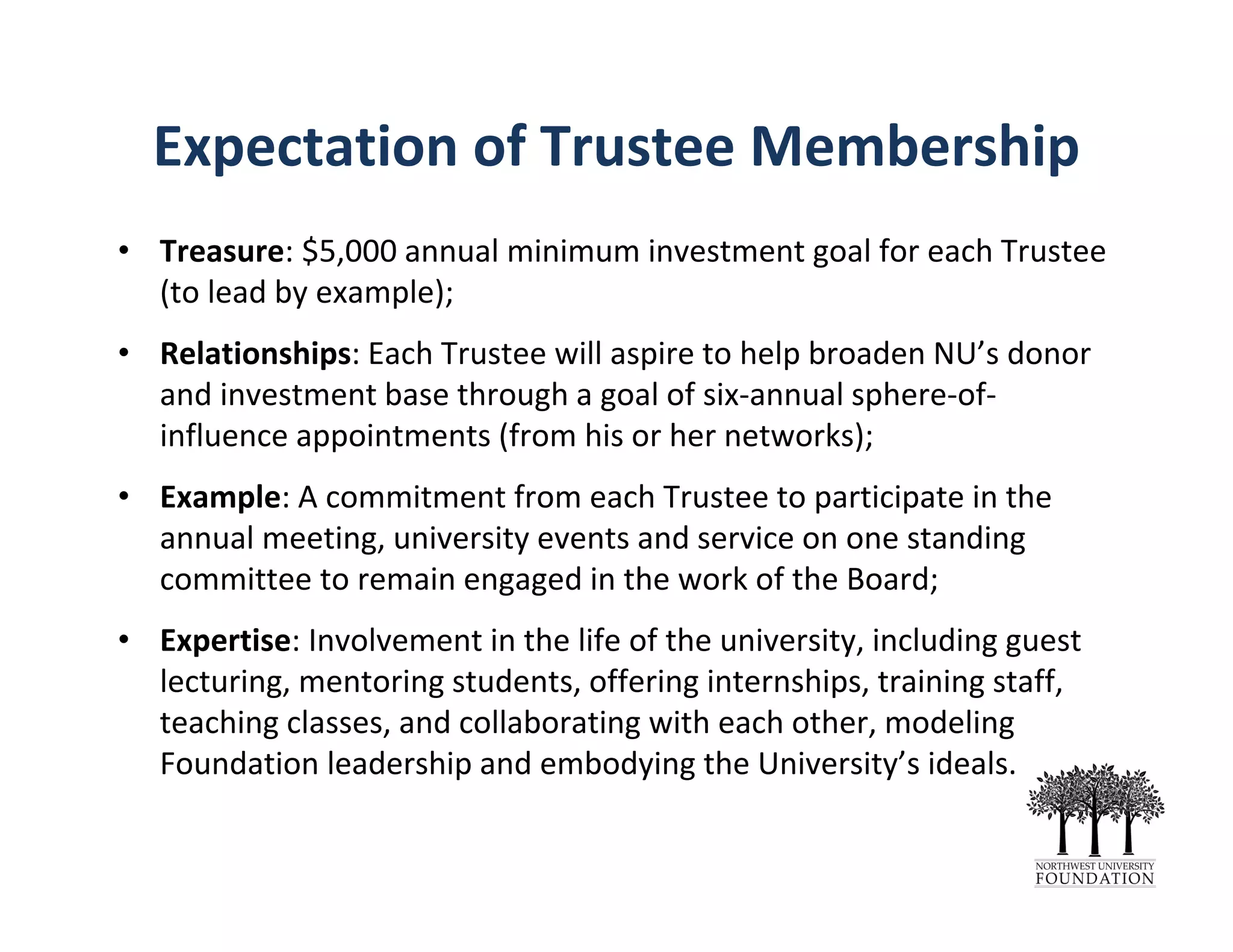 Expectation of Trustee Membership
• Treasure: $5,000 annual minimum investment goal for each Trustee 
(to lead by example);
• Relationships: Each Trustee will aspire to help broaden NU’s donor 
and investment base through a goal of six‐annual sphere‐of‐
influence appointments (from his or her networks); 
• Example: A commitment from each Trustee to participate in the 
annual meeting, university events and service on one standing 
committee to remain engaged in the work of the Board; 
• Expertise: Involvement in the life of the university, including guest 
lecturing, mentoring students, offering internships, training staff, 
teaching classes, and collaborating with each other, modeling 
Foundation leadership and embodying the University’s ideals.
 