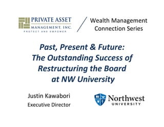 Past, Present & Future:
The Outstanding Success of 
Restructuring the Board
at NW University
Justin Kawabori
Executive Director
Wealth Management
Connection Series
 
