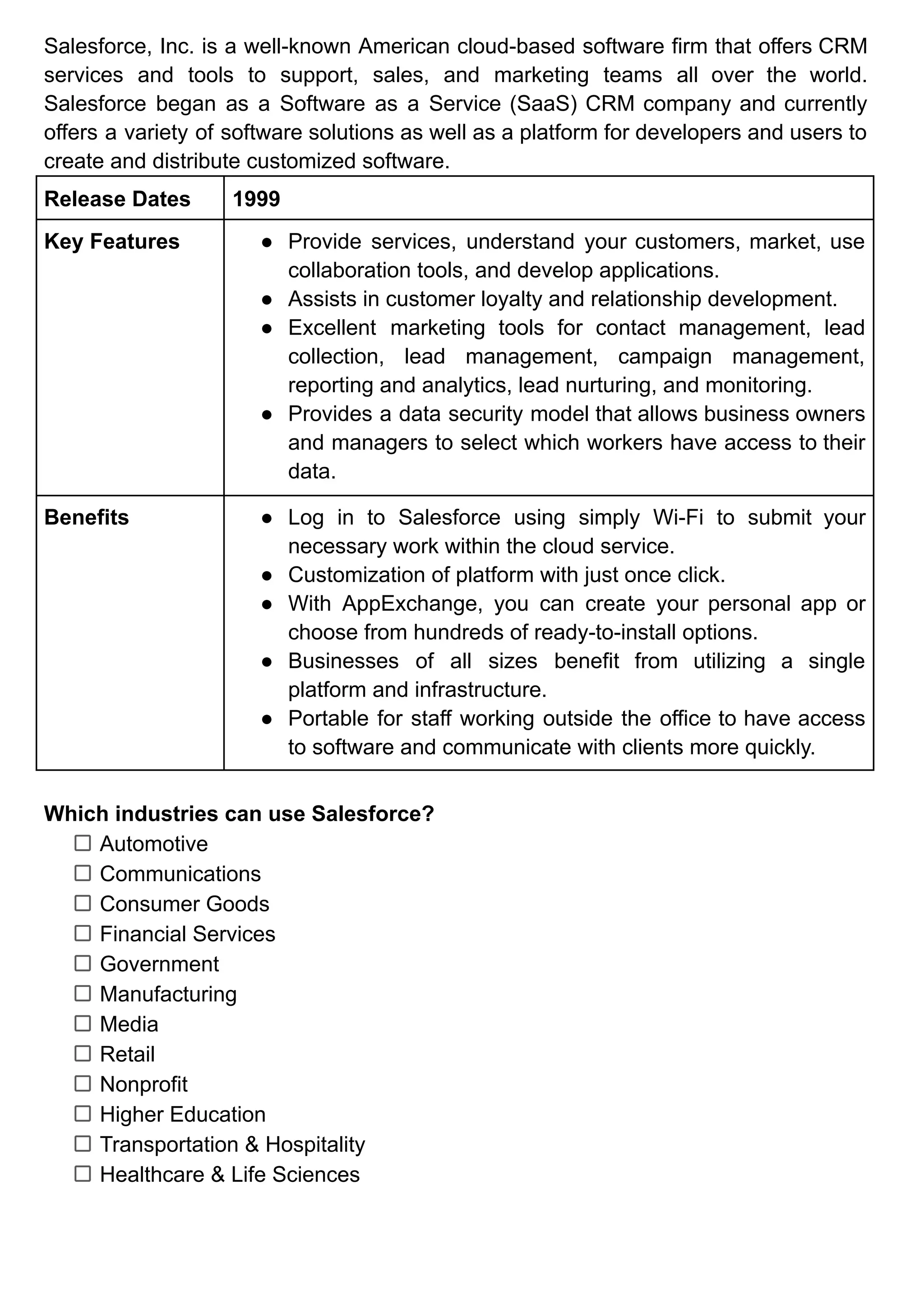 Salesforce, Inc. is a well-known American cloud-based software firm that offers CRM
services and tools to support, sales, and marketing teams all over the world.
Salesforce began as a Software as a Service (SaaS) CRM company and currently
offers a variety of software solutions as well as a platform for developers and users to
create and distribute customized software.
Release Dates 1999
Key Features ● Provide services, understand your customers, market, use
collaboration tools, and develop applications.
● Assists in customer loyalty and relationship development.
● Excellent marketing tools for contact management, lead
collection, lead management, campaign management,
reporting and analytics, lead nurturing, and monitoring.
● Provides a data security model that allows business owners
and managers to select which workers have access to their
data.
Benefits ● Log in to Salesforce using simply Wi-Fi to submit your
necessary work within the cloud service.
● Customization of platform with just once click.
● With AppExchange, you can create your personal app or
choose from hundreds of ready-to-install options.
● Businesses of all sizes benefit from utilizing a single
platform and infrastructure.
● Portable for staff working outside the office to have access
to software and communicate with clients more quickly.
Which industries can use Salesforce?
Automotive
Communications
Consumer Goods
Financial Services
Government
Manufacturing
Media
Retail
Nonprofit
Higher Education
Transportation & Hospitality
Healthcare & Life Sciences
 