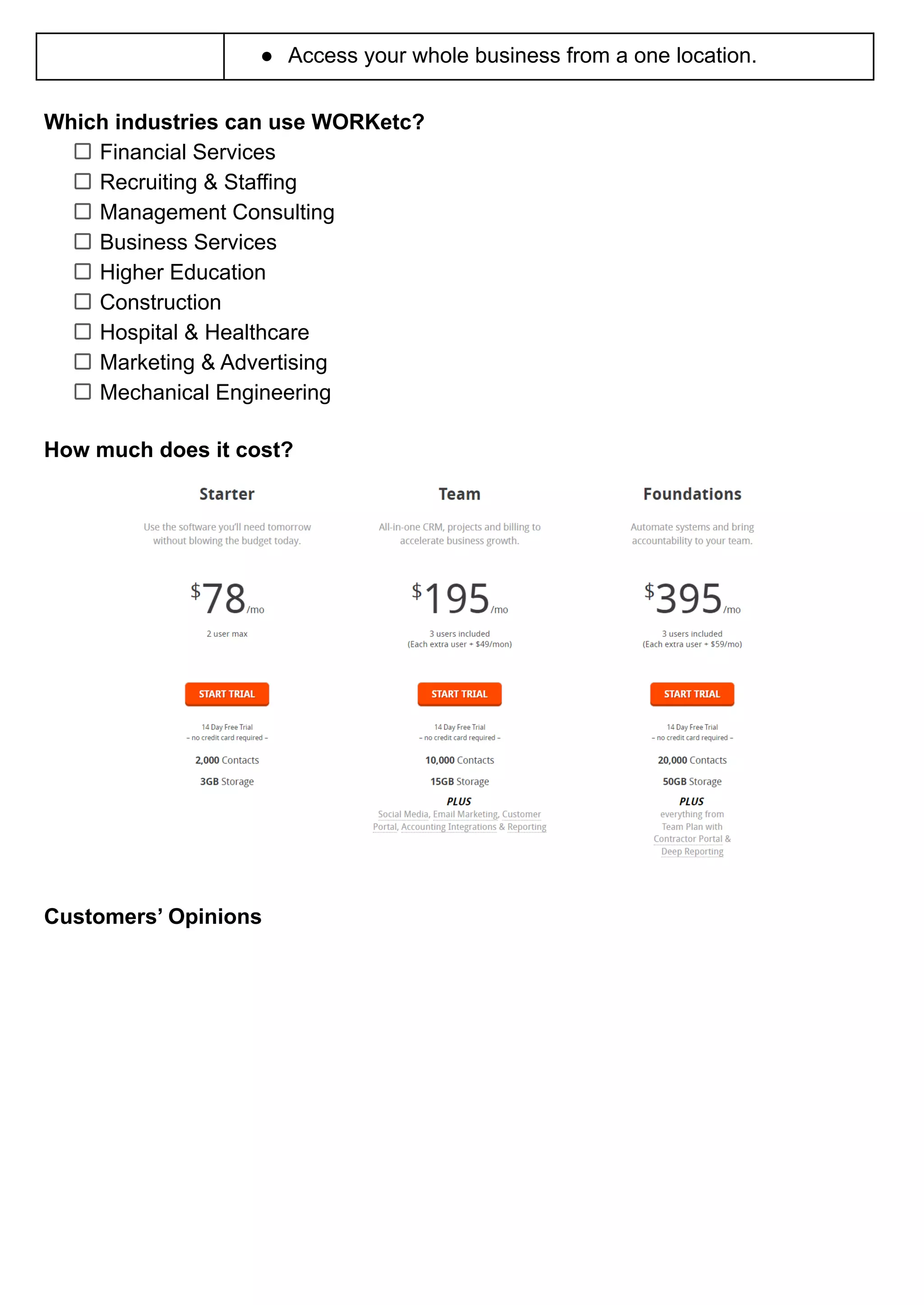 ● Access your whole business from a one location.
Which industries can use WORKetc?
Financial Services
Recruiting & Staffing
Management Consulting
Business Services
Higher Education
Construction
Hospital & Healthcare
Marketing & Advertising
Mechanical Engineering
How much does it cost?
Customers’ Opinions
 