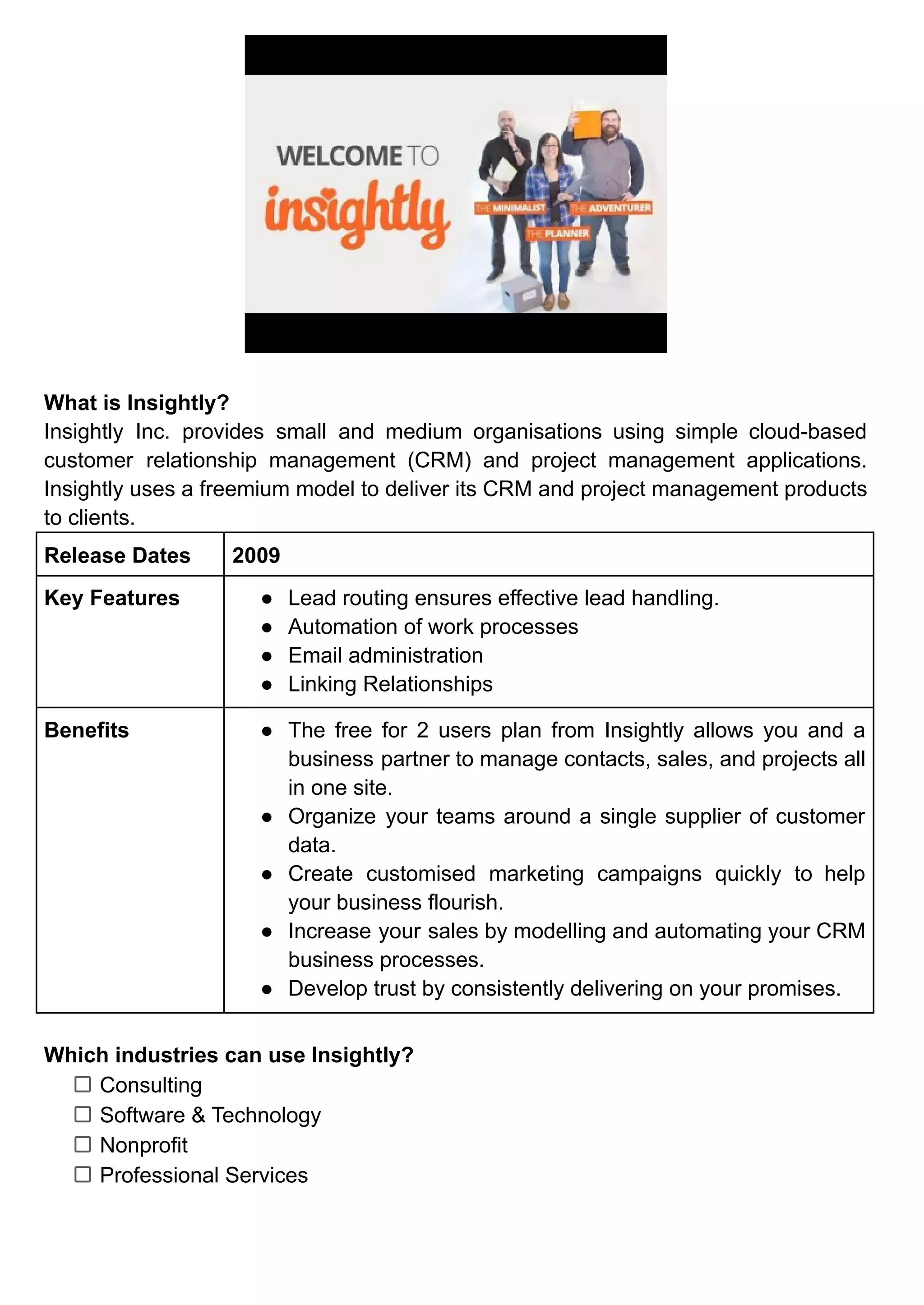 What is Insightly?
Insightly Inc. provides small and medium organisations using simple cloud-based
customer relationship management (CRM) and project management applications.
Insightly uses a freemium model to deliver its CRM and project management products
to clients.
Release Dates 2009
Key Features ● Lead routing ensures effective lead handling.
● Automation of work processes
● Email administration
● Linking Relationships
Benefits ● The free for 2 users plan from Insightly allows you and a
business partner to manage contacts, sales, and projects all
in one site.
● Organize your teams around a single supplier of customer
data.
● Create customised marketing campaigns quickly to help
your business flourish.
● Increase your sales by modelling and automating your CRM
business processes.
● Develop trust by consistently delivering on your promises.
Which industries can use Insightly?
Consulting
Software & Technology
Nonprofit
Professional Services
 