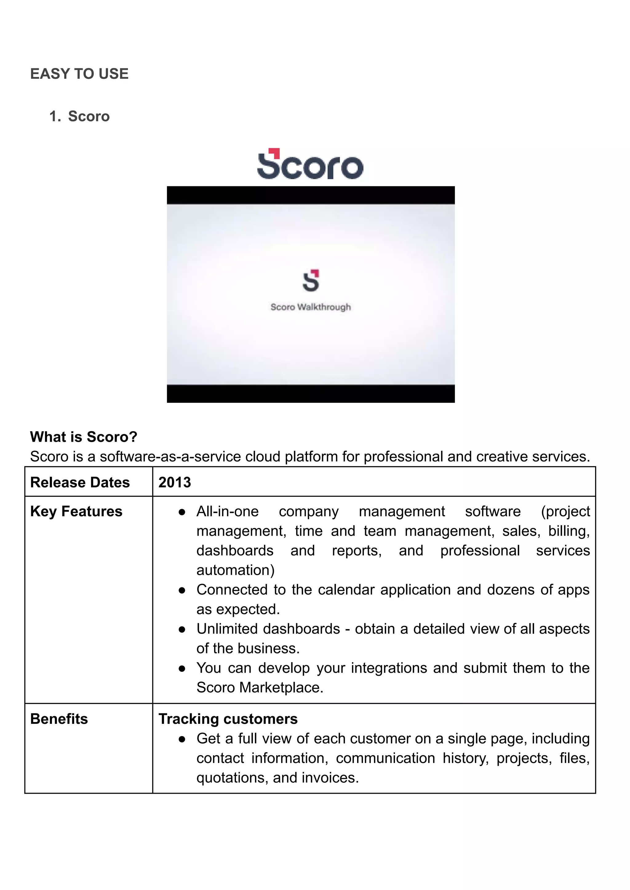 EASY TO USE
1. Scoro
What is Scoro?
Scoro is a software-as-a-service cloud platform for professional and creative services.
Release Dates 2013
Key Features ● All-in-one company management software (project
management, time and team management, sales, billing,
dashboards and reports, and professional services
automation)
● Connected to the calendar application and dozens of apps
as expected.
● Unlimited dashboards - obtain a detailed view of all aspects
of the business.
● You can develop your integrations and submit them to the
Scoro Marketplace.
Benefits Tracking customers
● Get a full view of each customer on a single page, including
contact information, communication history, projects, files,
quotations, and invoices.
 