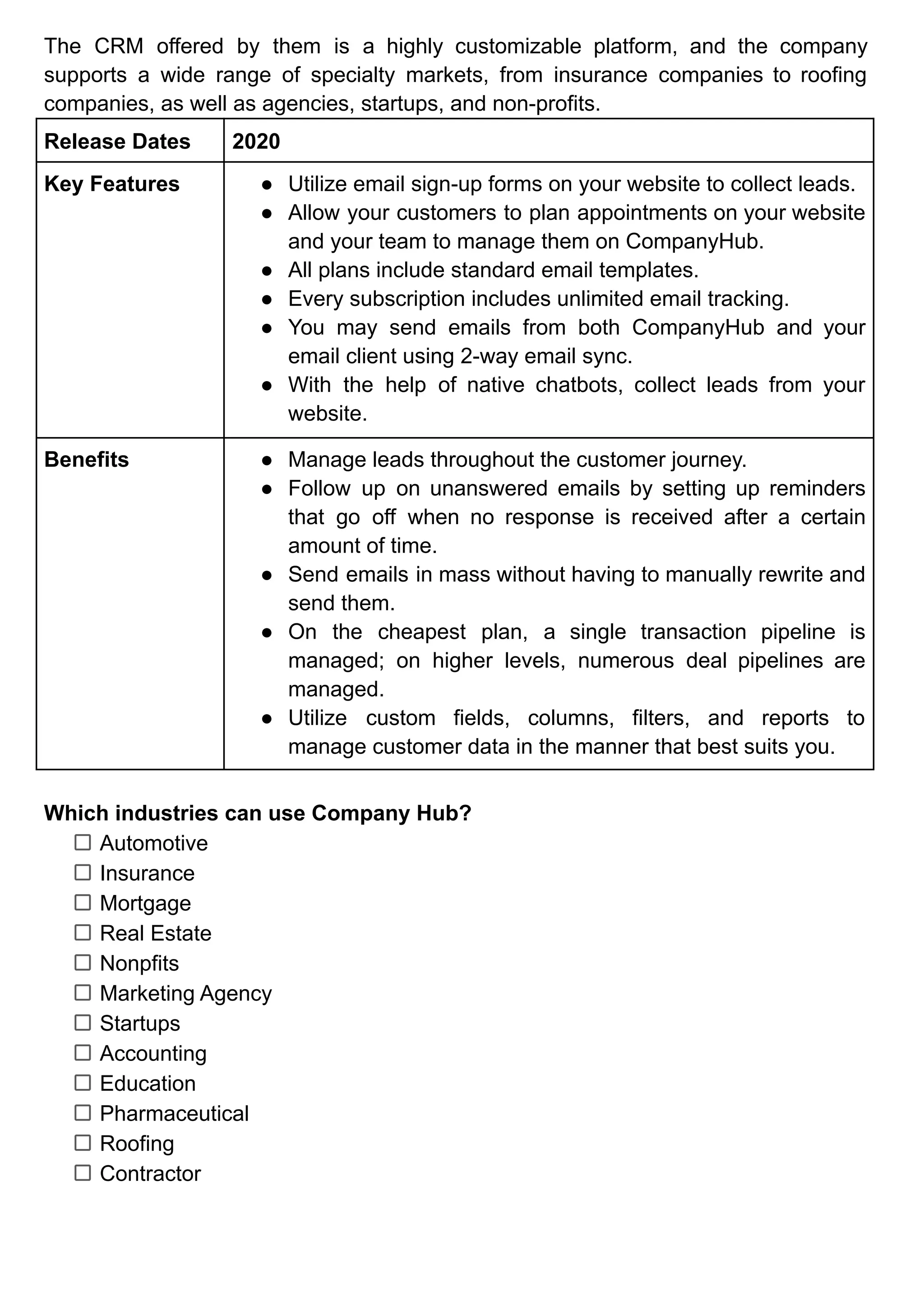 The CRM offered by them is a highly customizable platform, and the company
supports a wide range of specialty markets, from insurance companies to roofing
companies, as well as agencies, startups, and non-profits.
Release Dates 2020
Key Features ● Utilize email sign-up forms on your website to collect leads.
● Allow your customers to plan appointments on your website
and your team to manage them on CompanyHub.
● All plans include standard email templates.
● Every subscription includes unlimited email tracking.
● You may send emails from both CompanyHub and your
email client using 2-way email sync.
● With the help of native chatbots, collect leads from your
website.
Benefits ● Manage leads throughout the customer journey.
● Follow up on unanswered emails by setting up reminders
that go off when no response is received after a certain
amount of time.
● Send emails in mass without having to manually rewrite and
send them.
● On the cheapest plan, a single transaction pipeline is
managed; on higher levels, numerous deal pipelines are
managed.
● Utilize custom fields, columns, filters, and reports to
manage customer data in the manner that best suits you.
Which industries can use Company Hub?
Automotive
Insurance
Mortgage
Real Estate
Nonpfits
Marketing Agency
Startups
Accounting
Education
Pharmaceutical
Roofing
Contractor
 