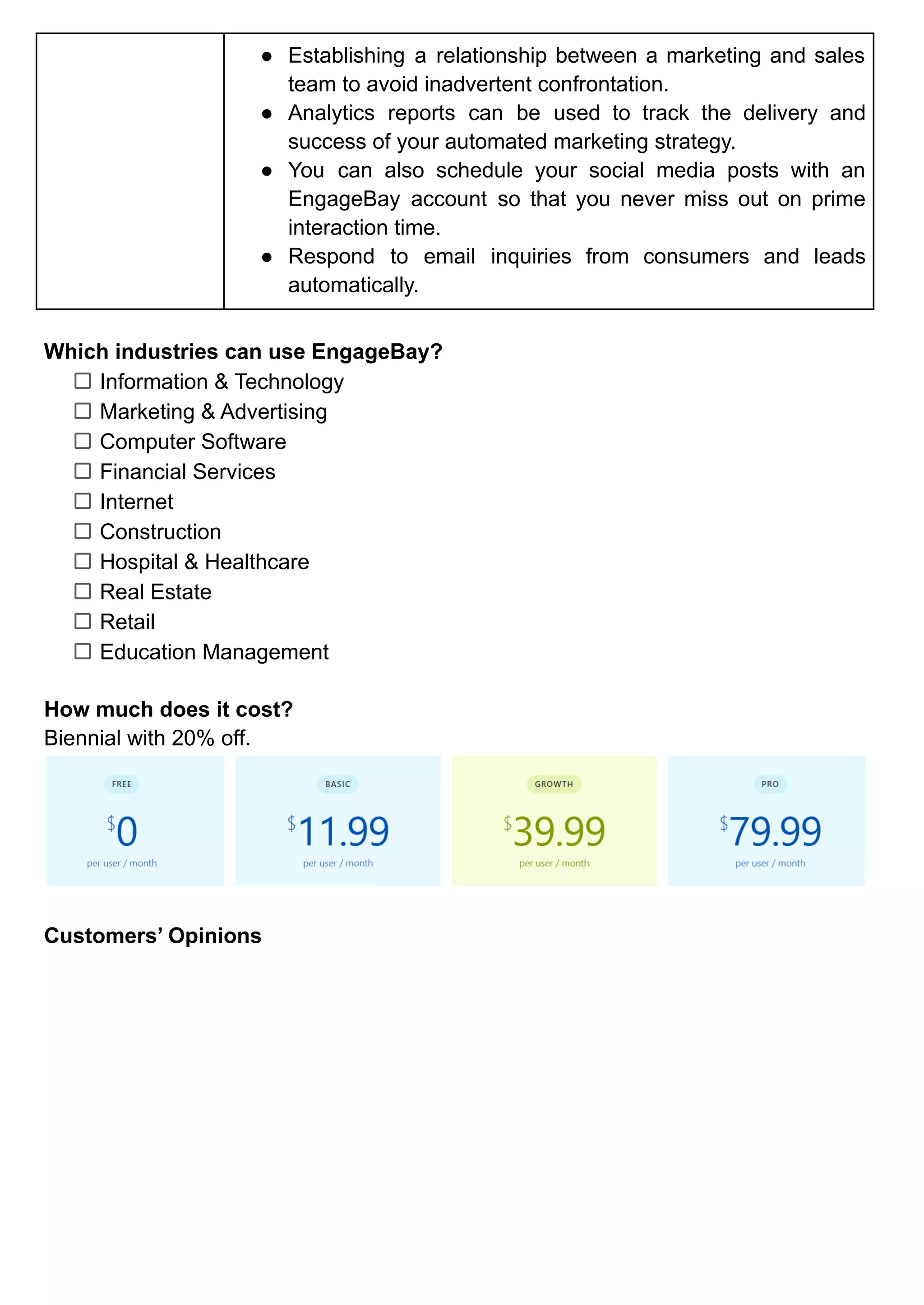 ● Establishing a relationship between a marketing and sales
team to avoid inadvertent confrontation.
● Analytics reports can be used to track the delivery and
success of your automated marketing strategy.
● You can also schedule your social media posts with an
EngageBay account so that you never miss out on prime
interaction time.
● Respond to email inquiries from consumers and leads
automatically.
Which industries can use EngageBay?
Information & Technology
Marketing & Advertising
Computer Software
Financial Services
Internet
Construction
Hospital & Healthcare
Real Estate
Retail
Education Management
How much does it cost?
Biennial with 20% off.
Customers’ Opinions
 