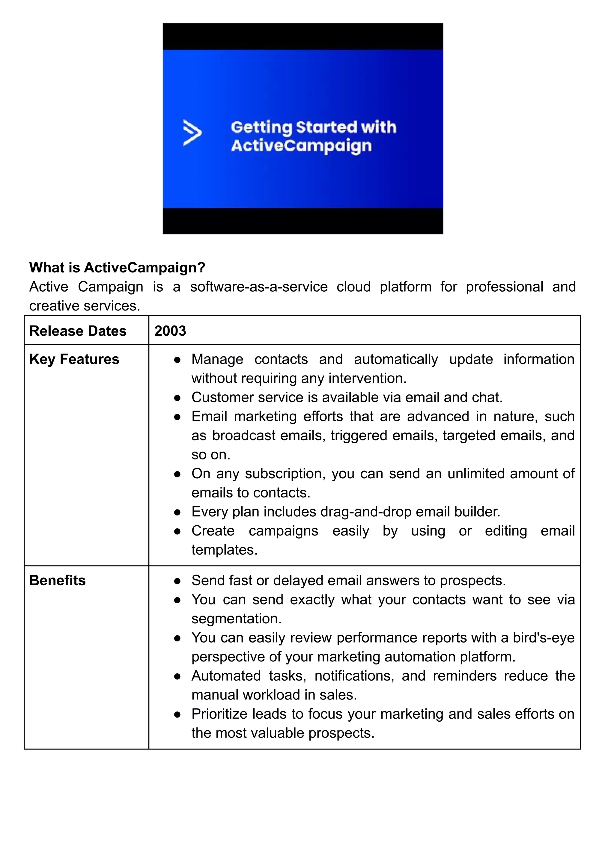 What is ActiveCampaign?
Active Campaign is a software-as-a-service cloud platform for professional and
creative services.
Release Dates 2003
Key Features ● Manage contacts and automatically update information
without requiring any intervention.
● Customer service is available via email and chat.
● Email marketing efforts that are advanced in nature, such
as broadcast emails, triggered emails, targeted emails, and
so on.
● On any subscription, you can send an unlimited amount of
emails to contacts.
● Every plan includes drag-and-drop email builder.
● Create campaigns easily by using or editing email
templates.
Benefits ● Send fast or delayed email answers to prospects.
● You can send exactly what your contacts want to see via
segmentation.
● You can easily review performance reports with a bird's-eye
perspective of your marketing automation platform.
● Automated tasks, notifications, and reminders reduce the
manual workload in sales.
● Prioritize leads to focus your marketing and sales efforts on
the most valuable prospects.
 