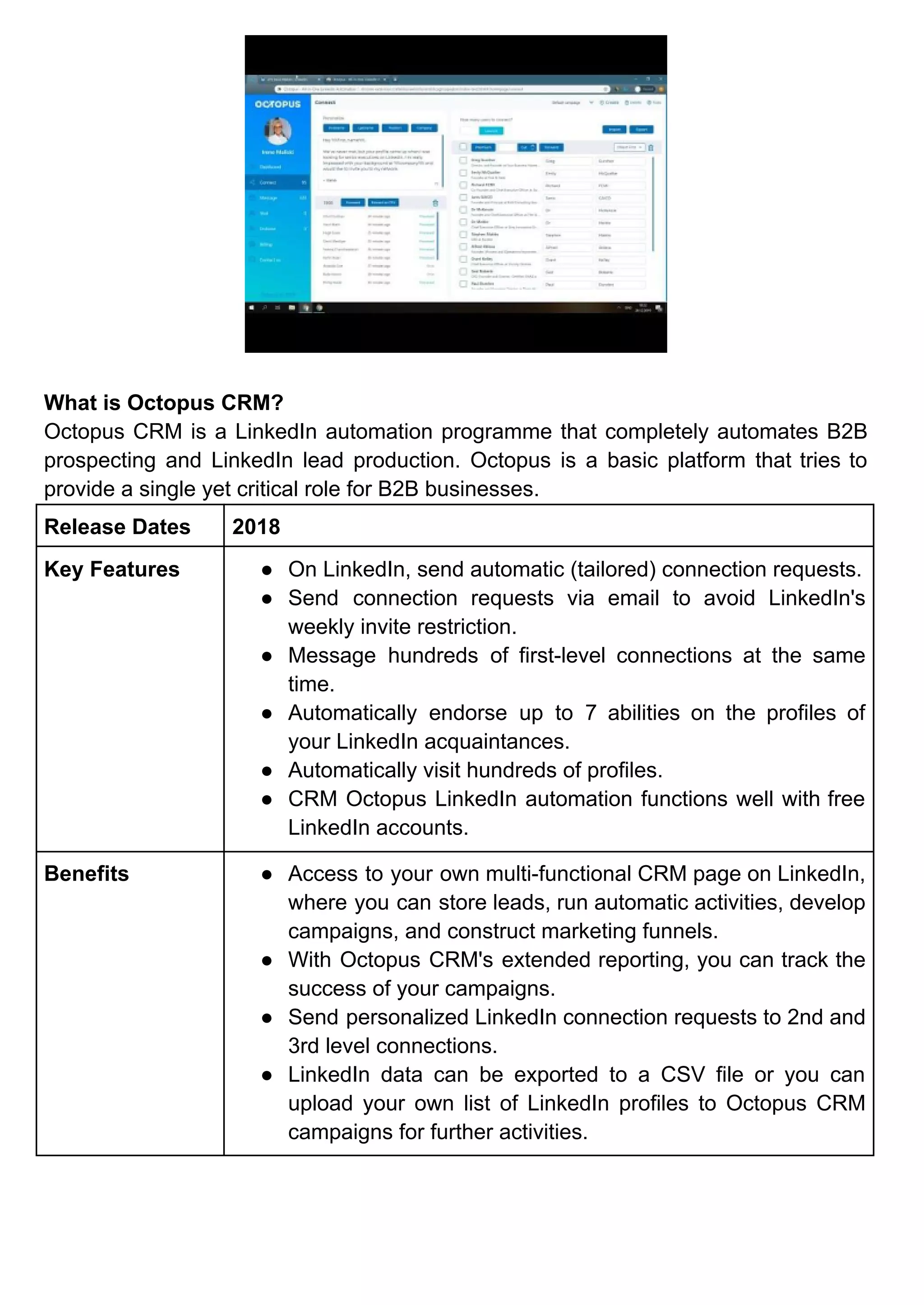 What is Octopus CRM?
Octopus CRM is a LinkedIn automation programme that completely automates B2B
prospecting and LinkedIn lead production. Octopus is a basic platform that tries to
provide a single yet critical role for B2B businesses.
Release Dates 2018
Key Features ● On LinkedIn, send automatic (tailored) connection requests.
● Send connection requests via email to avoid LinkedIn's
weekly invite restriction.
● Message hundreds of first-level connections at the same
time.
● Automatically endorse up to 7 abilities on the profiles of
your LinkedIn acquaintances.
● Automatically visit hundreds of profiles.
● CRM Octopus LinkedIn automation functions well with free
LinkedIn accounts.
Benefits ● Access to your own multi-functional CRM page on LinkedIn,
where you can store leads, run automatic activities, develop
campaigns, and construct marketing funnels.
● With Octopus CRM's extended reporting, you can track the
success of your campaigns.
● Send personalized LinkedIn connection requests to 2nd and
3rd level connections.
● LinkedIn data can be exported to a CSV file or you can
upload your own list of LinkedIn profiles to Octopus CRM
campaigns for further activities.
 