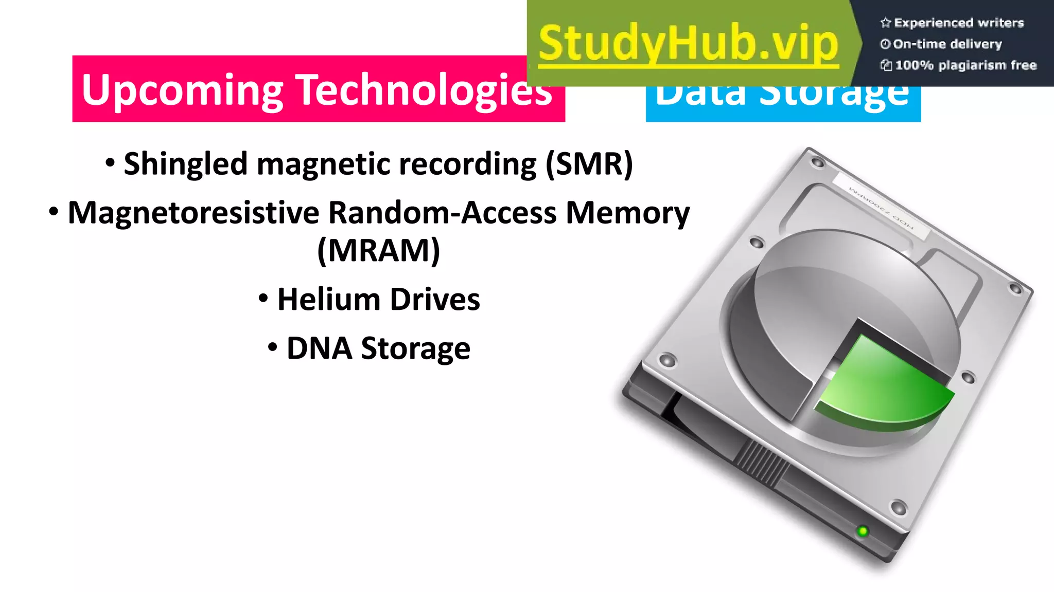 • Shingled magnetic recording (SMR)
• Magnetoresistive Random-Access Memory
(MRAM)
• Helium Drives
• DNA Storage
Upcoming Technologies Data Storage
 