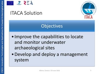ITACA:InnovationTechnologiesandApplicationsforCoastalArchaeologicalsites
Athens, Greece / 24 June 2016 5
ITACA Solution
Objectives
•Improve the capabilities to locate 
and monitor underwater 
archaeological sites
•Develop and deploy a management 
system
 