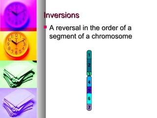 InversionsInversions
 A reversal in the order of aA reversal in the order of a
segment of a chromosomesegment of a chromosome
 