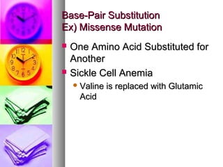 Base-Pair SubstitutionBase-Pair Substitution
Ex) Missense MutationEx) Missense Mutation
 One Amino Acid Substituted forOne Amino Acid Substituted for
AnotherAnother
 Sickle Cell AnemiaSickle Cell Anemia
 Valine is replaced with GlutamicValine is replaced with Glutamic
AcidAcid
 