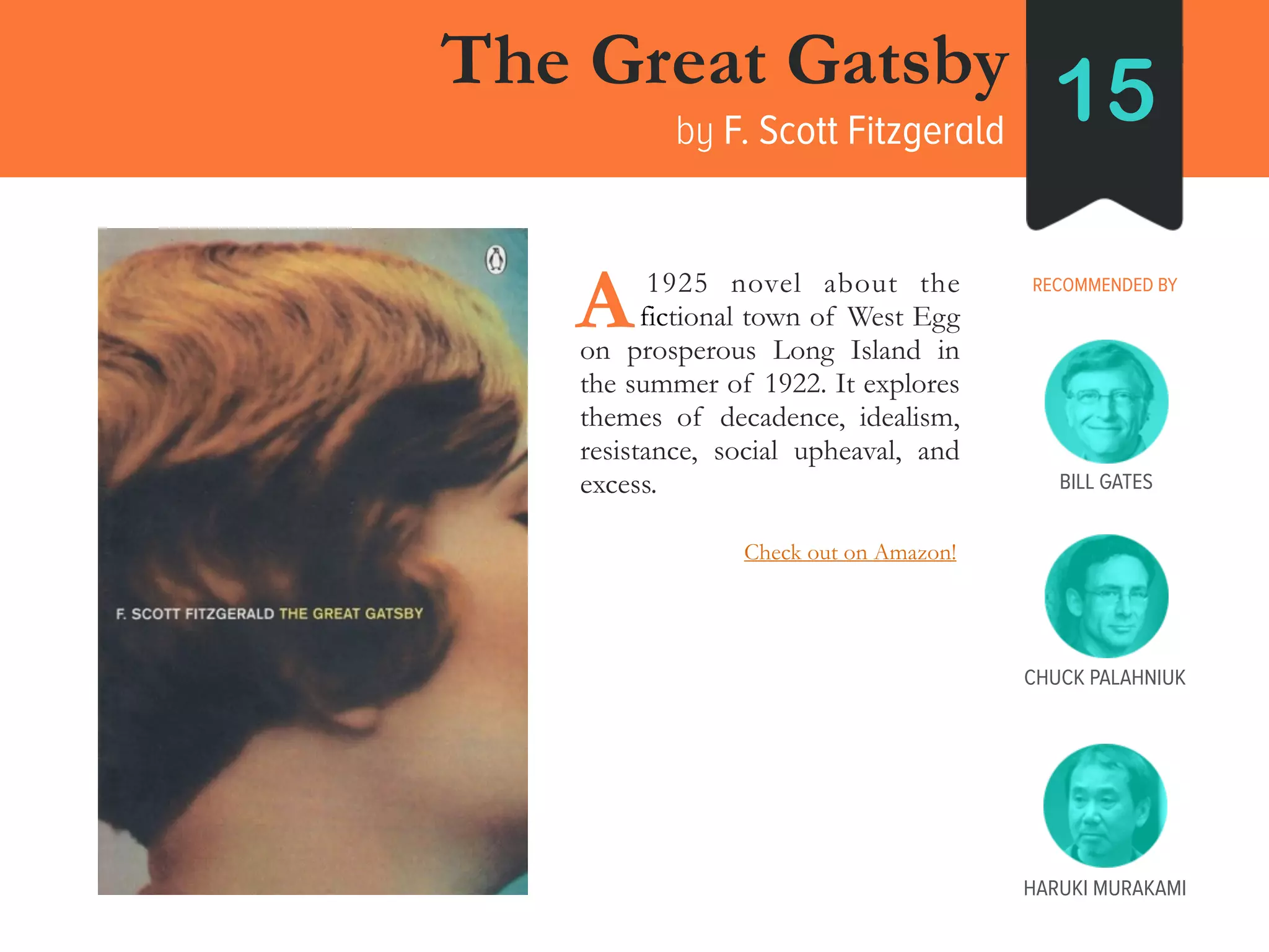 The Great Gatsby
by F. Scott Fitzgerald
15
RECOMMENDED BY____1925 novel about the
____fictional town of West Egg
on prosperous Long Island in
the summer of 1922. It explores
themes of decadence, idealism,
resistance, social upheaval, and
excess.
A
CHUCK PALAHNIUK
BILL GATES
HARUKI MURAKAMI
Check out on Amazon!
 