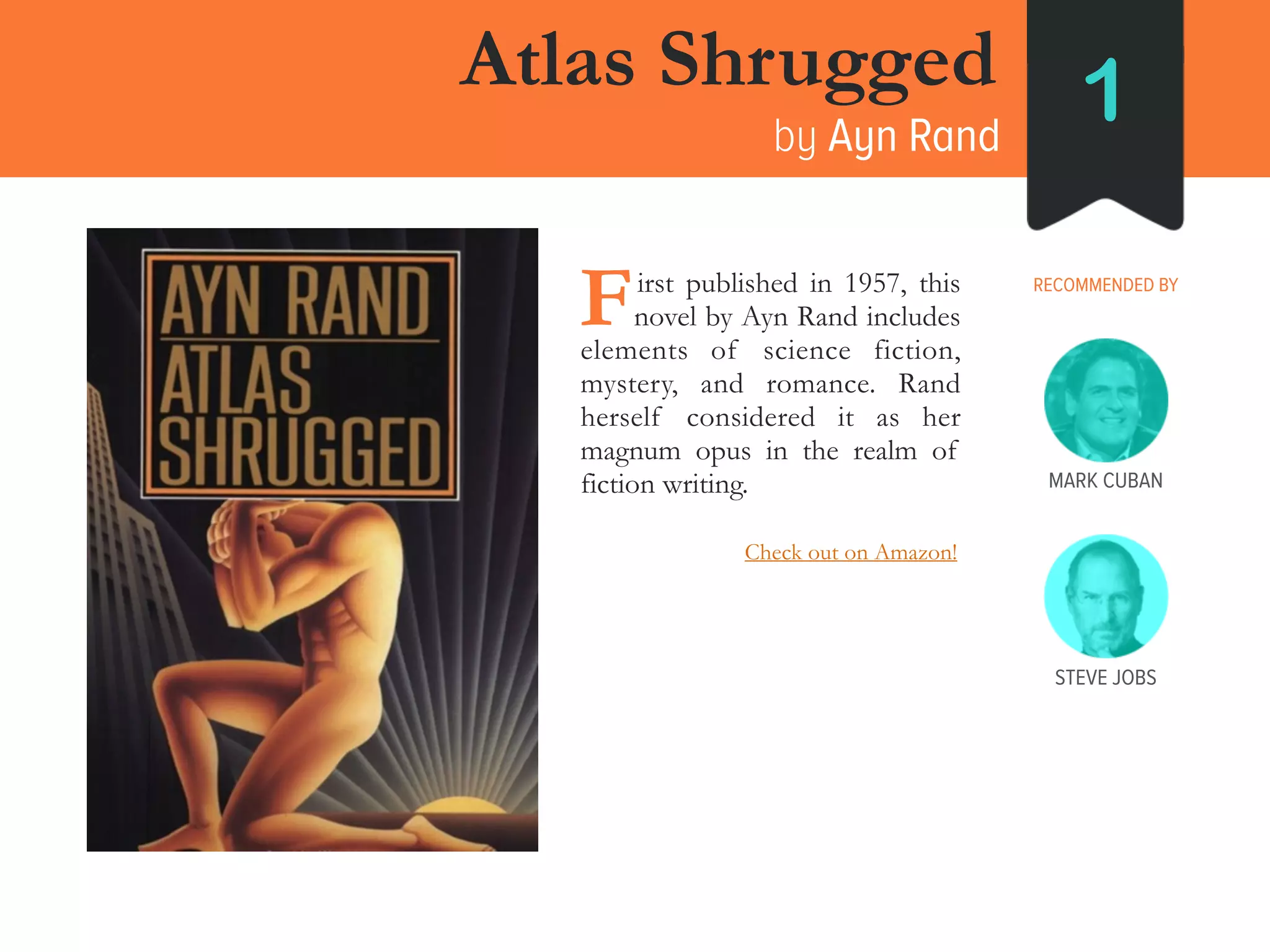 Atlas Shrugged
by Ayn Rand
1
RECOMMENDED BY
MARK CUBAN
___ irst published in 1957, this
___ novel by Ayn Rand includes
elements of science fiction,
mystery, and romance. Rand
herself considered it as her
magnum opus in the realm of
fiction writing.
F
STEVE JOBS
Check out on Amazon!
 