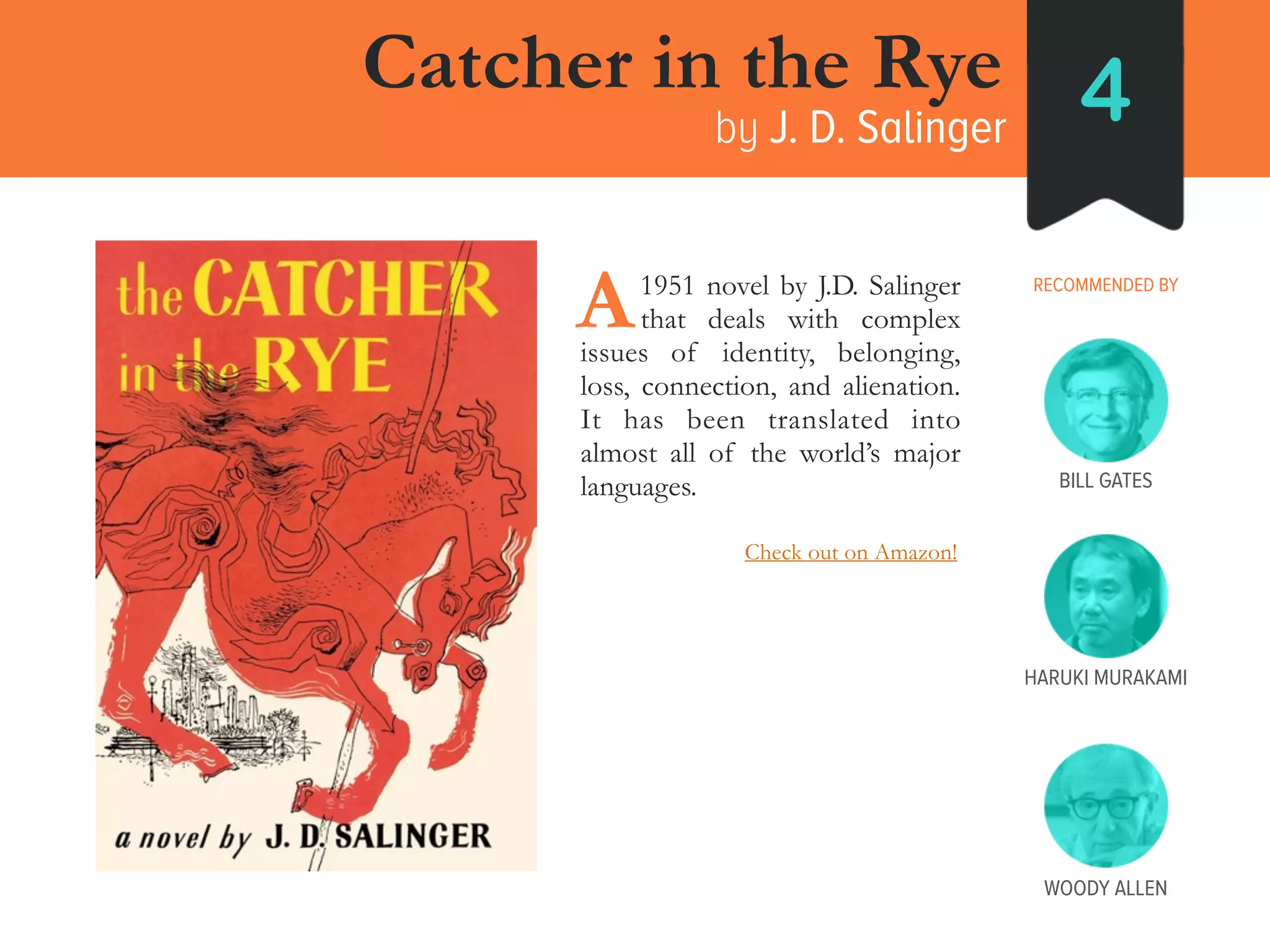 Catcher in the Rye
by J. D. Salinger 4
RECOMMENDED BY____1951 novel by J.D. Salinger
____that deals with complex
issues of identity, belonging,
loss, connection, and alienation.
It has been translated into
almost all of the world’s major
languages.
A
HARUKI MURAKAMI
BILL GATES
WOODY ALLEN
Check out on Amazon!
 