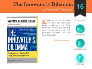 STEVE JOBS
The Innovator’s Dilemma
by Clayton M. Christensen
16
RECOMMENDED BY____nown as one of the most
____provocative ...