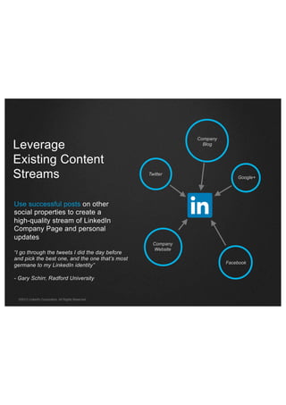 Leverage
Existing Content
Streams

Company
Blog

Twitter

Google+

Use successful posts on other
social properties to create a
high-quality stream of LinkedIn
Company Page and personal
updates
“I go through the tweets I did the day before
and pick the best one, and the one that’s most
germane to my LinkedIn identity”
- Gary Schirr, Radford University

©2013 LinkedIn Corporation. All Rights Reserved.

Company
Website
Facebook

 
