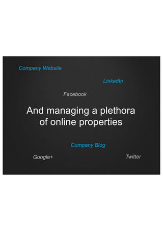 Company Website
LinkedIn
Facebook

And managing a plethora
of online properties
Company Blog
Google+

Twitter

 