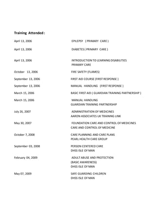 Training Attended:
April 13, 2006 EPILEPSY ( PRIMARY CARE )
April 13, 2006 DIABETES ( PRIMARY CARE )
April 13, 2006 INTRODUCTION TO LEARNING DISABILITIES
PRIMARY CARE
October 13, 2006 FIRE SAFETY (FLAMES)
September 13, 2006 FIRST AID COURSE (FIRST RESPONSE )
September 13, 2006 MANUAL HANDLING (FIRST RESPONSE )
March 15, 2006 BASIC FIRST AID ( GUARDIAN TRAINING PARTNERSHIP )
March 15, 2006 MANUAL HANDLING
GUARDIAN TRAINING PARTNERSHIP
July 26, 2007 ADMINISTRATION OF MEDICINES
AARON ASSOCIATES UK TRAINING LINK
May 30, 2007 FOUNDATION CARE AND CONTROL OF MEDICINES
CARE AND CONTROL OF MEDICINE
October 7, 2008 CARE PLANNING AND CARE PLANS
PEARL HEALTH CARE GROUP
September 03, 2008 PERSON CENTERED CARE
DHSS ISLE OF MAN
February 04, 2009 ADULT ABUSE AND PROTECTION
(BASIC AWARENESS)
DHSS ISLE OF MAN
May 07, 2009 SAFE GUARDING CHILDREN
DHSS ISLE OF MAN
 