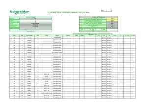 REV 1
0
SEMANA: 1747,2
TURNO: 1848
N Montadores dispo
LINHA
DESDE (DATA)
ATÉ (DATA)
DIAS PLANEJADOS
KS 90% KD 86% KER 80%
Sem Seq Sub-Projeto QTD Linha Descr Cliente Perfil Chapa OTR Início Fim Status OF Tp - Perfil Tp Chapa
50 1 RE3059 1 KLF26EA01000 FIAT 8 10 22 08/12/15 08/12/15
50 2 RE3059 1 KLF26EA01000Q FIAT 8 10 22 08/12/15 08/12/15
50 3 RE5892 1 KLF26EA21102 POLITÉCNICA 10 12 26 08/12/15 08/12/15
50 4 RE6020 1 KLF56EA51165Q AUTOMATIC 10 12 26 08/12/15 08/12/15
50 5 RE6020 1 KLF56EA57000J AUTOMATIC 10 12 26 08/12/15 08/12/15
50 6 RE6020 1 KLF56EA5746K AUTOMATIC 10 12 26 08/12/15 08/12/15
50 11 RE5949 1 KLF14EA02115-RED TECMAXX 8 11 23 08/12/15 08/12/15
50 12 RE5949 1 KLF26EA01000 TECMAXX 8 11 23 08/12/15 08/12/15
50 13 RE5946 1 KLF26EA01402 TECMAXX 8 11 23 08/12/15 08/12/15
50 14 RE5948 1 KLF26EA01796 TECMAXX 8 11 23 08/12/15 08/12/15
19
19
19
19
Montagem - min
DT
18
18
22
22
22
22
5
80%
Capacidade OK IER 62%
07/12/15 DIAS PLANEJADOS 5
11/12/15 Hrs dia 7,70
Linha Canalis QTD MINUTOS DISPONÍVEL SEMANA 9240
50 QTD DE MINUTOS PLANEJADOS SEM. 1747
1 QTD DE MINUTOS DISPONIVEL DIA 1848
PLANO MESTRE DE PRODUÇÃO CANALIS - KGF_KLF Reto
Controle de Análise Controle de Planejamento
4 TOTAL DE MONT. NESCESSARIOS 0,2
50 14 RE5948 1 KLF26EA01796 TECMAXX 8 11 23 08/12/15 08/12/15
50 15 RE5946 1 KLF26EA02000 TECMAXX 13 18 37 08/12/15 08/12/15
50 16 RE5949 1 KLF26EA02377 TECMAXX 13 18 37 08/12/15 08/12/15
50 17 RE5948 3 KLF26EA03000 TECMAXX 57 78 162 08/12/15 08/12/15
50 18 RE5949 1 KLF26EA0878 TECMAXX 8 11 23 08/12/15 08/12/15
50 19 RE5948 1 KLF26VE02800 TECMAXX 12 15 32 08/12/15 08/12/15
50 20 RE5514 1 AUC.C-26 KLF14EA12000 GREEN TOWERS 12 18 36 08/12/15 08/12/15
50 21 RE5514 1 QA-02 KLF14EA1700J GREEN TOWERS 8 11 23 08/12/15 08/12/15
50 22 RE5514 2 AUT.C-29/QA-06 KLF14EA1700K GREEN TOWERS 16 22 46 08/12/15 08/12/15
50 23 RE5514 1 GE-08 KLF18EA12000 GREEN TOWERS 12 18 36 09/12/15 09/12/15
50 24 RE5514 2 GE-04 KLF18EA13000 GREEN TOWERS 34 52 103 09/12/15 09/12/15
50 25 RE5514 1 BW2.C-39 KLF26EA21538 GREEN TOWERS 13 18 37 09/12/15 09/12/15
50 26 RE5514 1 BW1.C-36 KLF26EA21850 GREEN TOWERS 13 18 37 09/12/15 09/12/15
50 27 RE5514 4 BW1.C-03 KLF26EA23000 GREEN TOWERS 76 104 216 09/12/15 09/12/15
50 28 RE5514 2 BW2.C-41/BW1.C-38 KLF26EA2700J GREEN TOWERS 16 22 46 09/12/15 09/12/15
50 29 RE5514 1 AC2.C-33 KLF28EA21014 GREEN TOWERS 8 11 23 09/12/15 09/12/15
50 30 RE5514 1 AC2.C-32 KLF28EA22500 GREEN TOWERS 13 18 37 09/12/15 09/12/15
86
31
19
31
31
135
19
27
30
19
31
31
180
38
19
38
30
 