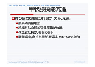 20 Cardiac Output, Venous Return, and Their Regulation
O.Yamaguchi
Guyton and Hall Textbook of Medical Physiology 14th Ed.
?δɤνMδx,󤭤M.
?M
?M,ѪܒԮb郎ų.
?Ѫֿܵ,˵
?}߀,ĳ,40-80%
״ٙCܿM
 
