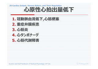 20 Cardiac Output, Venous Return, and Their Regulation
O.Yamaguchi
Guyton and Hall Textbook of Medical Physiology 14th Ed.
1. ڄ}Ѫ,Ľ
2. ֢Ĥ
3. Ľ
4. ĥݥʩ`
5. ĽxϺ
ԭĳ
 