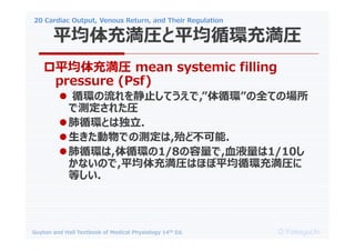 20 Cardiac Output, Venous Return, and Their Regulation
O.Yamaguchi
Guyton and Hall Textbook of Medical Physiology 14th Ed.
?ƽ䜺R mean systemic filling
pressure (Psf)
? ѭhֹƤ,ѭhȫƤΈ
ǜy줿R
?ѭhȤ϶.
?ǤΜy,ɲ.
?ѭh,ѭh1/8,ѪҺ1/10
ʤΤ,ƽ䜺RϤۤƽѭh䜺R
Ȥ.
ƽ䜺Rƽѭh䜺R
 
