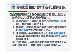 20 Cardiac Output, Venous Return, and Their Regulation
O.Yamaguchi
Guyton and Hall Textbook of Medical Physiology 14th Ed.
?ѪҺӤˤĳ,֤
Aʤ.¤,...
1. ëѪ܈RϕN,ѪؤҺ©
Ӥ,ѪҺ.
2. }RϕN,}ΒΤƢĠ
ѪҺAPsf¤.
3. ĩҽMؤ^Ѫ,ĩѪֿܵ
ߤԄ{CP,}߀ˤ
ֿ.
Psf,ѭhεֿѪܤs뤿,
ĳ,10-40֤gˤۤ.
ѪҺӤˌCܞ
 