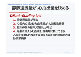 20 Cardiac Output, Venous Return, and Their Regulation
O.Yamaguchi
Guyton and Hall Textbook of Medical Physiology 14th Ed.
?Fank-Starling law
1. }߀
2. ǻڤΉӤѪҺ,ǻڤչ
3. ڤչνY,s
4. ^뤷ѪҺ,ѭhĳǤ.
Ġ߀ѪҺWͤʤѭhĳ
{C.
}߀,ĳQ
 