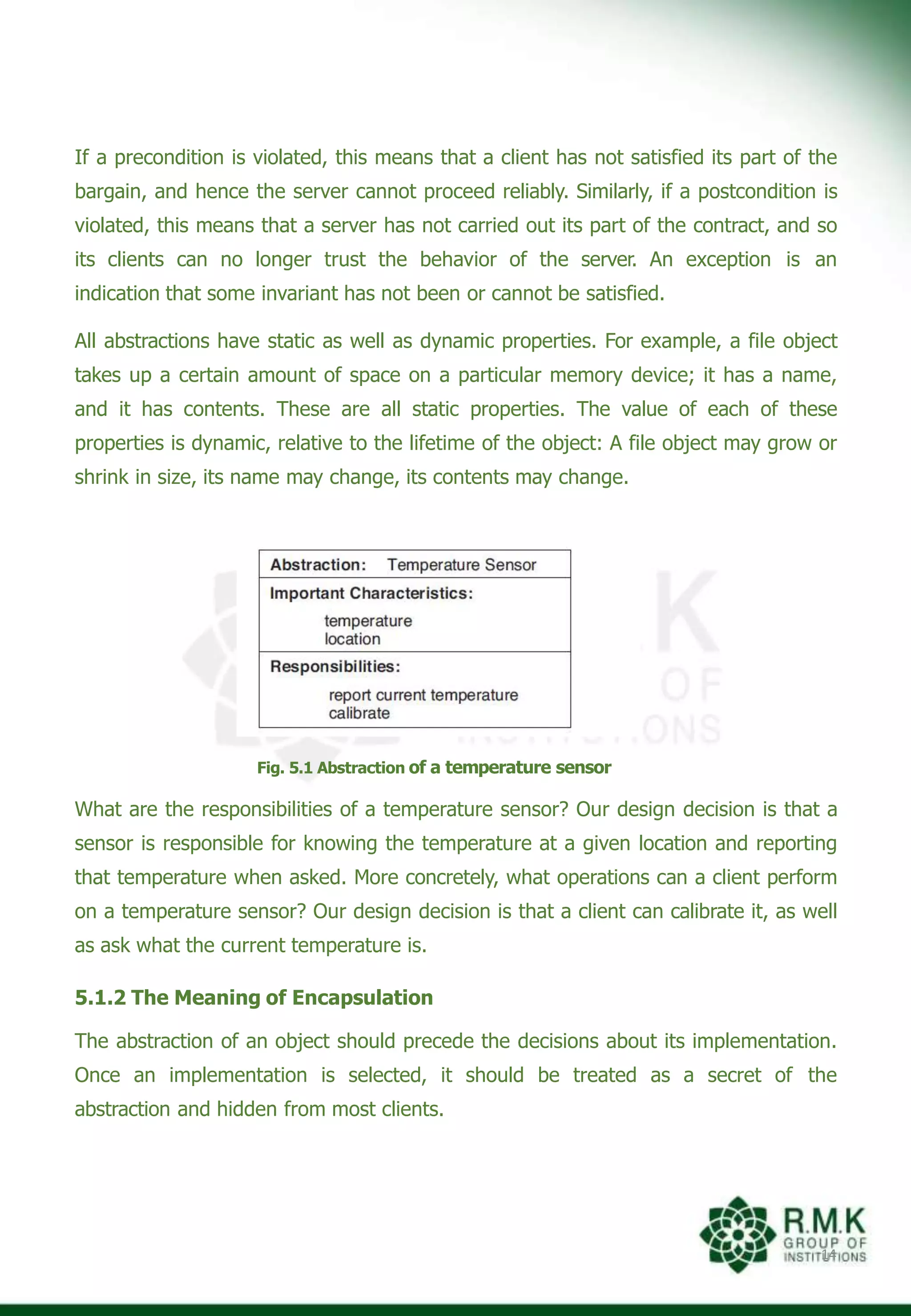 If a precondition is violated, this means that a client has not satisfied its part of the
bargain, and hence the server cannot proceed reliably. Similarly, if a postcondition is
violated, this means that a server has not carried out its part of the contract, and so
its clients can no longer trust the behavior of the server. An exception is an
indication that some invariant has not been or cannot be satisfied.
All abstractions have static as well as dynamic properties. For example, a file object
takes up a certain amount of space on a particular memory device; it has a name,
and it has contents. These are all static properties. The value of each of these
properties is dynamic, relative to the lifetime of the object: A file object may grow or
shrink in size, its name may change, its contents may change.
Fig. 5.1 Abstraction of a temperature sensor
What are the responsibilities of a temperature sensor? Our design decision is that a
sensor is responsible for knowing the temperature at a given location and reporting
that temperature when asked. More concretely, what operations can a client perform
on a temperature sensor? Our design decision is that a client can calibrate it, as well
as ask what the current temperature is.
5.1.2 The Meaning of Encapsulation
The abstraction of an object should precede the decisions about its implementation.
Once an implementation is selected, it should be treated as a secret of the
abstraction and hidden from most clients.
14
 