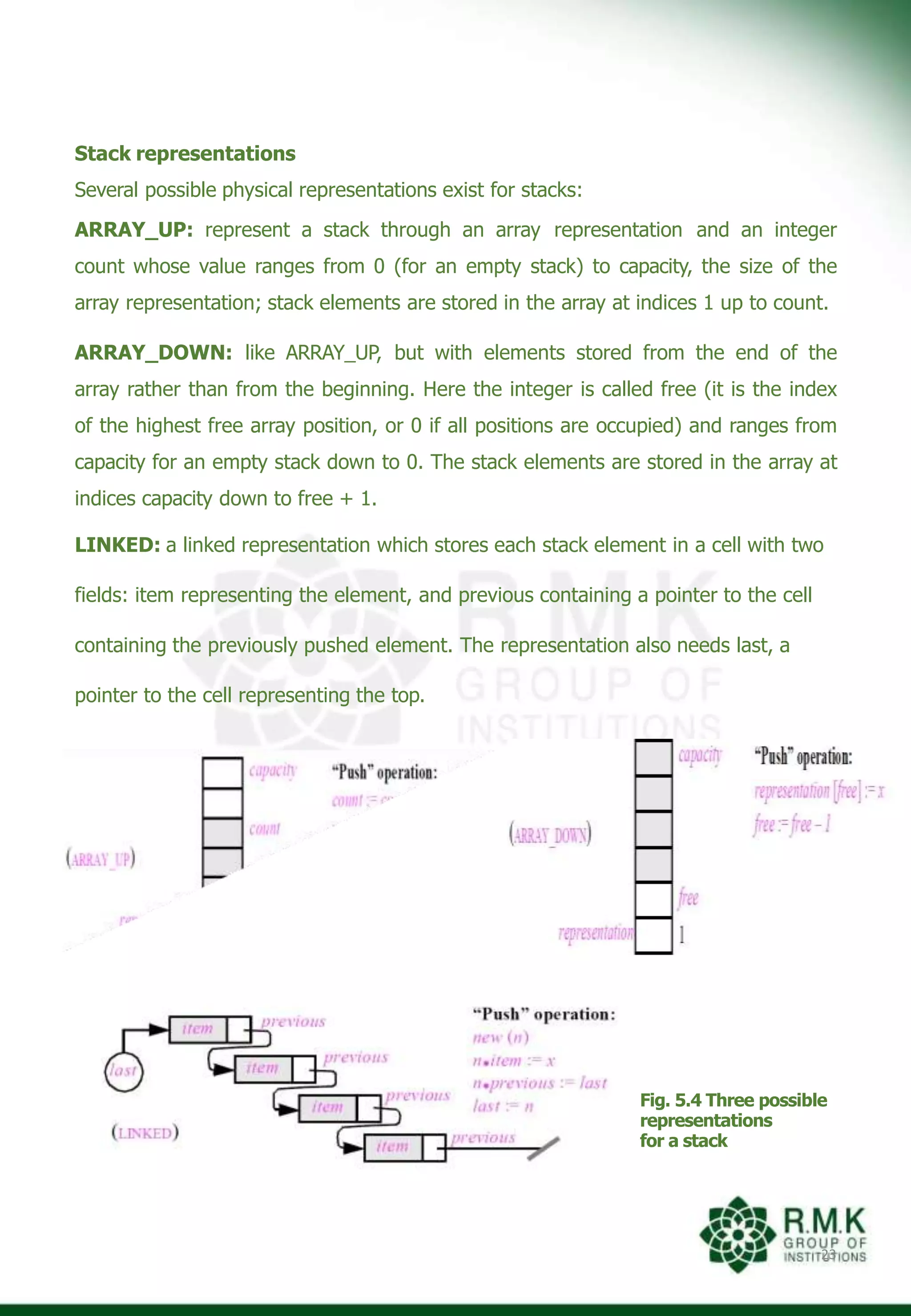 Stack representations
Several possible physical representations exist for stacks:
ARRAY_UP: represent a stack through an array representation and an integer
count whose value ranges from 0 (for an empty stack) to capacity, the size of the
array representation; stack elements are stored in the array at indices 1 up to count.
ARRAY_DOWN: like ARRAY_UP, but with elements stored from the end of the
array rather than from the beginning. Here the integer is called free (it is the index
of the highest free array position, or 0 if all positions are occupied) and ranges from
capacity for an empty stack down to 0. The stack elements are stored in the array at
indices capacity down to free + 1.
LINKED: a linked representation which stores each stack element in a cell with two
fields: item representing the element, and previous containing a pointer to the cell
containing the previously pushed element. The representation also needs last, a
pointer to the cell representing the top.
Fig. 5.4 Three possible
representations
for a stack
23
 