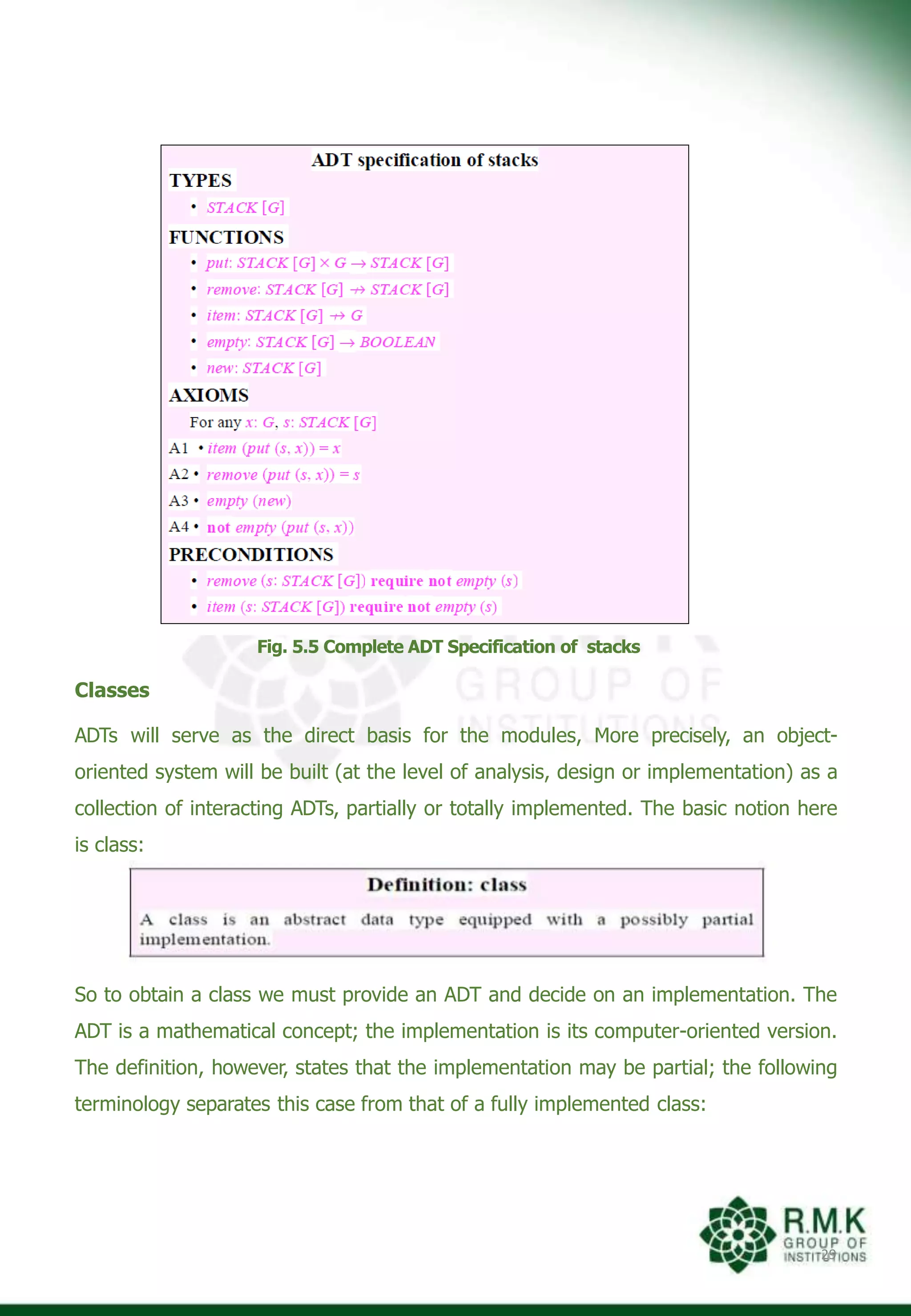 Fig. 5.5 Complete ADT Specification of stacks
Classes
ADTs will serve as the direct basis for the modules, More precisely, an object-
oriented system will be built (at the level of analysis, design or implementation) as a
collection of interacting ADTs, partially or totally implemented. The basic notion here
is class:
So to obtain a class we must provide an ADT and decide on an implementation. The
ADT is a mathematical concept; the implementation is its computer-oriented version.
The definition, however, states that the implementation may be partial; the following
terminology separates this case from that of a fully implemented class:
29
 