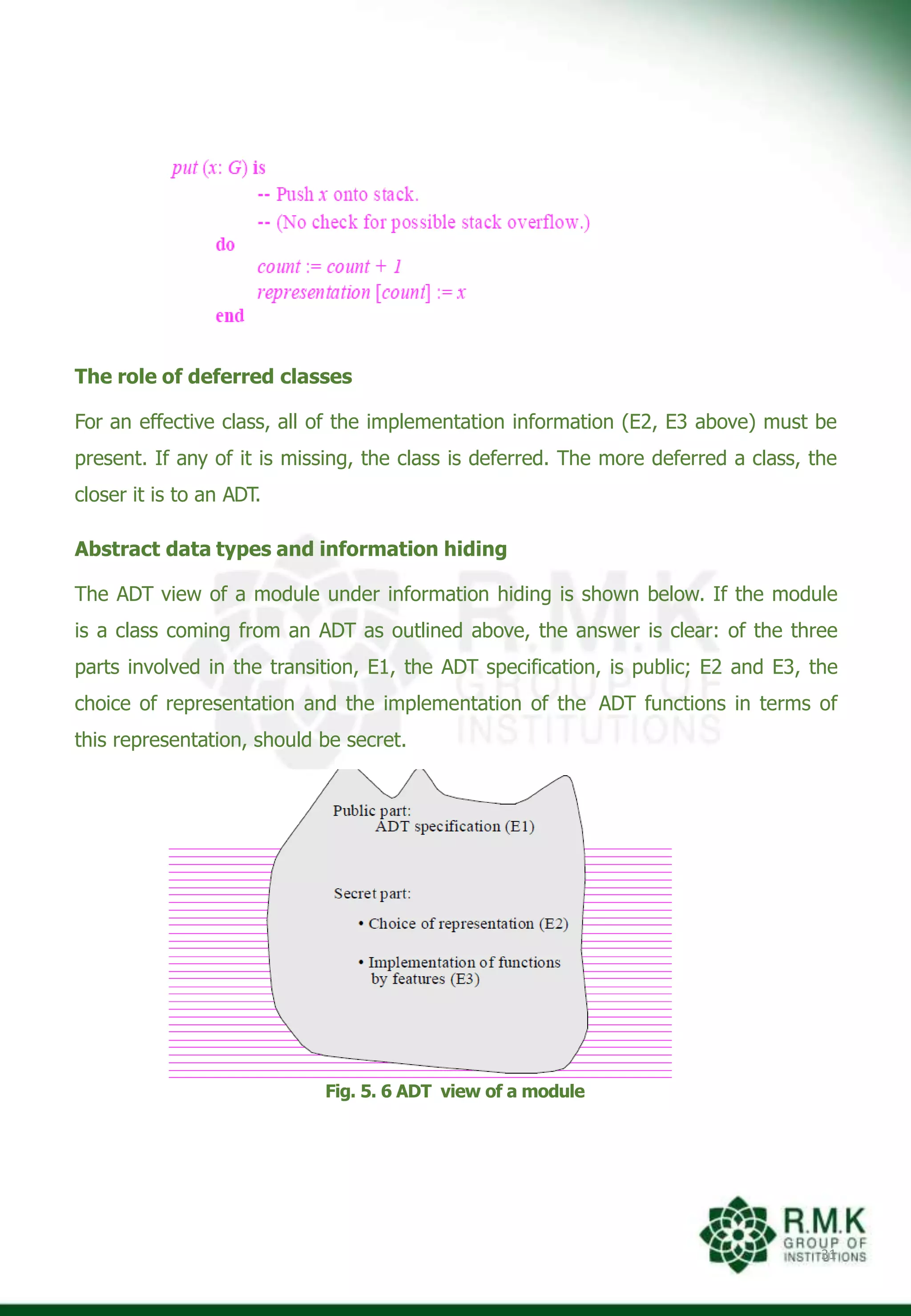 The role of deferred classes
For an effective class, all of the implementation information (E2, E3 above) must be
present. If any of it is missing, the class is deferred. The more deferred a class, the
closer it is to an ADT.
Abstract data types and information hiding
The ADT view of a module under information hiding is shown below. If the module
is a class coming from an ADT as outlined above, the answer is clear: of the three
parts involved in the transition, E1, the ADT specification, is public; E2 and E3, the
choice of representation and the implementation of the ADT functions in terms of
this representation, should be secret.
Fig. 5. 6 ADT view of a module
31
 
