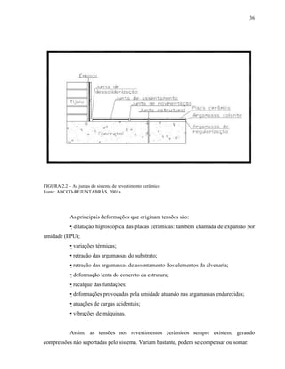 36




FIGURA 2.2 – As juntas do sistema de revestimento cerâmico
Fonte: ABCCO-REJUNTABRÁS, 2001a.




             As principais deformações que originam tensões são:
             • dilatação higroscópica das placas cerâmicas: também chamada de expansão por
umidade (EPU);
             • variações térmicas;
             • retração das argamassas do substrato;
             • retração das argamassas de assentamento dos elementos da alvenaria;
             • deformação lenta do concreto da estrutura;
             • recalque das fundações;
             • deformações provocadas pela umidade atuando nas argamassas endurecidas;
             • atuações de cargas acidentais;
             • vibrações de máquinas.


             Assim, as tensões nos revestimentos cerâmicos sempre existem, gerando
compressões não suportadas pelo sistema. Variam bastante, podem se compensar ou somar.
 