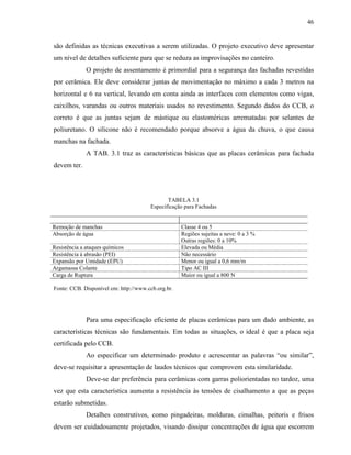 46


são definidas as técnicas executivas a serem utilizadas. O projeto executivo deve apresentar
um nível de detalhes suficiente para que se reduza as improvisações no canteiro.
              O projeto de assentamento é primordial para a segurança das fachadas revestidas
por cerâmica. Ele deve considerar juntas de movimentação no máximo a cada 3 metros na
horizontal e 6 na vertical, levando em conta ainda as interfaces com elementos como vigas,
caixilhos, varandas ou outros materiais usados no revestimento. Segundo dados do CCB, o
correto é que as juntas sejam de mástique ou elastoméricas arrematadas por selantes de
poliuretano. O silicone não é recomendado porque absorve a água da chuva, o que causa
manchas na fachada.
              A TAB. 3.1 traz as características básicas que as placas cerâmicas para fachada
devem ter.




                                              TABELA 3.1
                                       Especificação para Fachadas


Remoção de manchas                                  Classe 4 ou 5
Absorção de água                                    Regiões sujeitas a neve: 0 a 3 %
                                                    Outras regiões: 0 a 10%
Resistência a ataques químicos                      Elevada ou Média
Resistência à abrasão (PEI)                         Não necessário
Expansão por Umidade (EPU)                          Menor ou igual a 0,6 mm/m
Argamassa Colante                                   Tipo AC III
Carga de Ruptura                                    Maior ou igual a 800 N

Fonte: CCB. Disponível em: http://www.ccb.org.br.




              Para uma especificação eficiente de placas cerâmicas para um dado ambiente, as
características técnicas são fundamentais. Em todas as situações, o ideal é que a placa seja
certificada pelo CCB.
              Ao especificar um determinado produto e acrescentar as palavras “ou similar”,
deve-se requisitar a apresentação de laudos técnicos que comprovem esta similaridade.
              Deve-se dar preferência para cerâmicas com garras poliorientadas no tardoz, uma
vez que esta característica aumenta a resistência às tensões de cisalhamento a que as peças
estarão submetidas.
              Detalhes construtivos, como pingadeiras, molduras, cimalhas, peitoris e frisos
devem ser cuidadosamente projetados, visando dissipar concentrações de água que escorrem
 