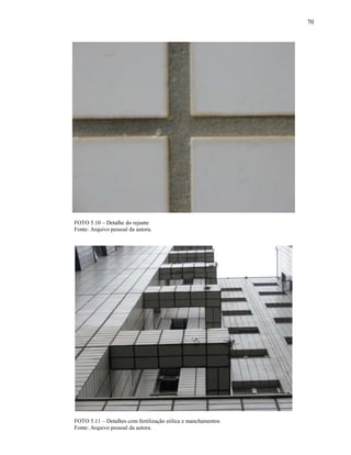 70




FOTO 5.10 – Detalhe do rejunte
Fonte: Arquivo pessoal da autora.




FOTO 5.11 – Detalhes com fertilização eólica e manchamentos
Fonte: Arquivo pessoal da autora.
 