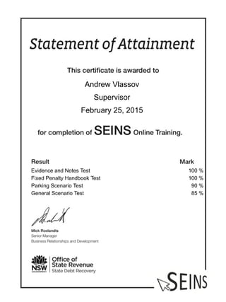 Andrew Vlassov
Supervisor
February 25, 2015
Evidence and Notes Test 100 %
Fixed Penalty Handbook Test 100 %
Parking Scenario Test 90 %
General Scenario Test 85 %
 