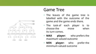 Game Tree
+ The leaves of the game tree is
labelled with the outcome of the
game and the game ends there.
+ The task of each player is to
choose the move when
its turn comes.
+ MAX player: who prefers the
maximum valued outcome
+ MIN player: who prefer the
minimum valued outcome
 