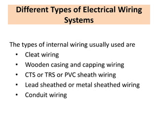 Different Types of Electrical Wiring
Systems
The types of internal wiring usually used are
• Cleat wiring
• Wooden casing and capping wiring
• CTS or TRS or PVC sheath wiring
• Lead sheathed or metal sheathed wiring
• Conduit wiring
 