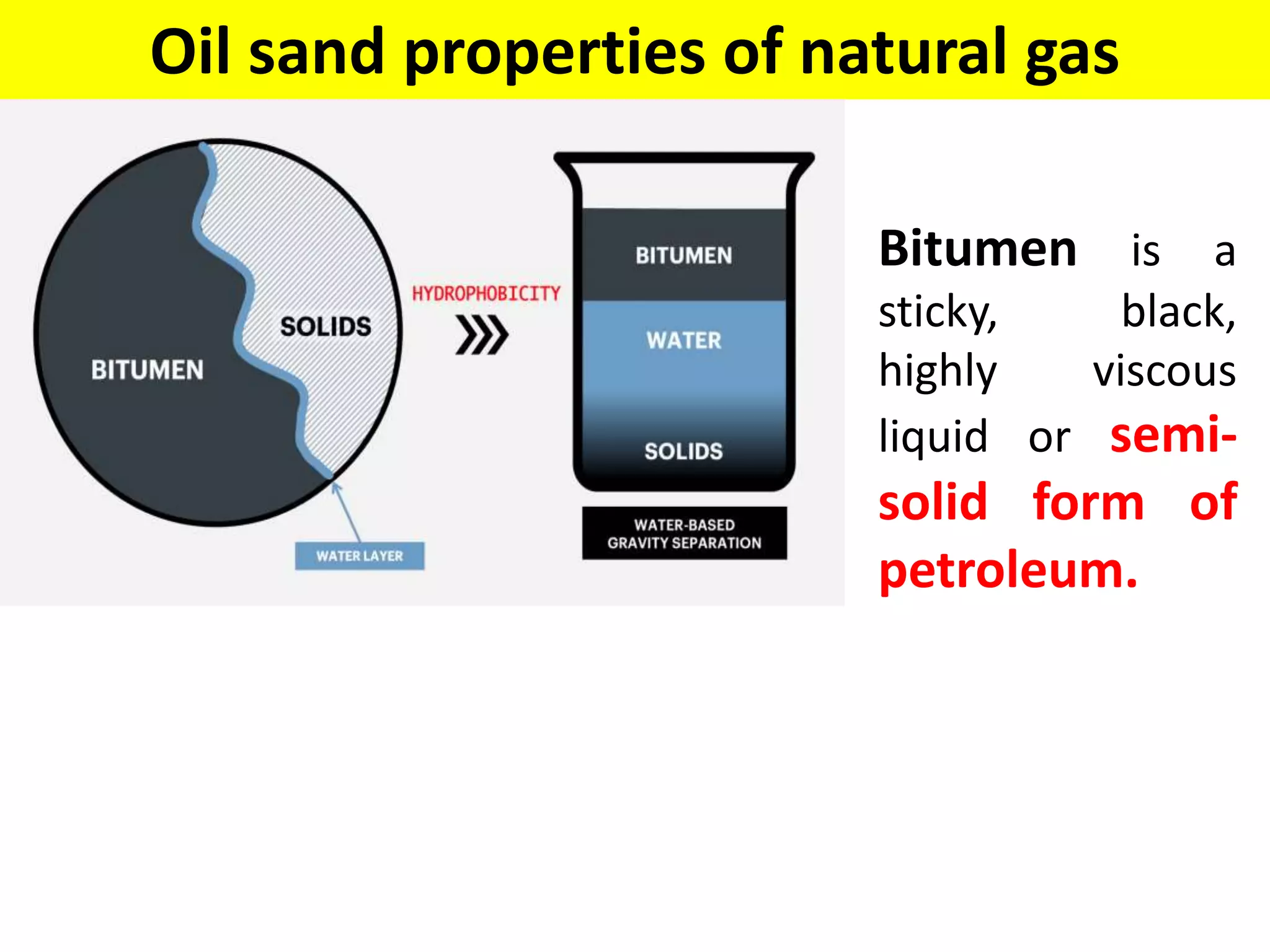 Oil sand properties of natural gas
Bitumen is a
sticky, black,
highly viscous
liquid or semi-
solid form of
petroleum.
 
