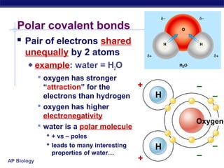 AP Biology
H
H
Oxygen
Polar covalent bonds
 Pair of electrons shared
unequally by 2 atoms
 example: water = H2O
 oxygen has stronger
“attraction” for the
electrons than hydrogen
 oxygen has higher
electronegativity
 water is a polar molecule
 + vs – poles
 leads to many interesting
properties of water…
+
+
–
–
–
–
 