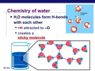 AP Biology
Chemistry of water
 H2O molecules form H-bonds
with each other
 +H attracted to –O
 creates a
sticky molecule
 