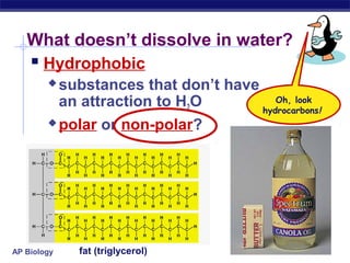 AP Biology
What doesn’t dissolve in water?
 Hydrophobic
 substances that don’t have
an attraction to H2O
 polar or non-polar?
fat (triglycerol)
Oh, look
hydrocarbons!
 