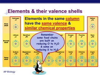 Elements & their valence shellsElements in the same column have the same valence & similar chemical propertiesRemembersome food chainsare built on  reducing O to H2O& some on reducing S to H2S