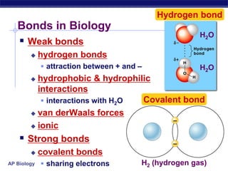 ––H2 (hydrogen gas)Covalent bondBonds in BiologyHydrogen bondH2OWeak bondshydrogen bondsattraction between + and –hydrophobic & hydrophilic interactionsinteractions with H2Ovan derWaals forcesionicStrong bondscovalent bondssharing electronsH2O
