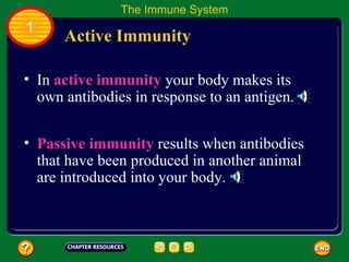 The Immune System
1
      Active Immunity

• In active immunity your body makes its
  own antibodies in response to an antigen.

• Passive immunity results when antibodies
  that have been produced in another animal
  are introduced into your body.
 