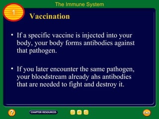 The Immune System
1
      Vaccination

• If a specific vaccine is injected into your
  body, your body forms antibodies against
  that pathogen.

• If you later encounter the same pathogen,
  your bloodstream already ahs antibodies
  that are needed to fight and destroy it.
 