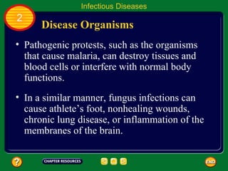 Infectious Diseases
2
      Disease Organisms
• Pathogenic protests, such as the organisms
  that cause malaria, can destroy tissues and
  blood cells or interfere with normal body
  functions.
• In a similar manner, fungus infections can
  cause athlete’s foot, nonhealing wounds,
  chronic lung disease, or inflammation of the
  membranes of the brain.
 