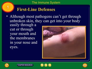 The Immune System
1
      First-Line Defenses
• Although most pathogens can’t get through
  unbroken skin, they can get into your body
  easily through a
  cut or through
  your mouth and
  the membranes
  in your nose and
  eyes.
 