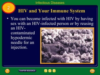 Infectious Diseases
2
      HIV and Your Immune System
• You can become infected with HIV by having
  sex with an HIV-infected person or by reusing
  an HIV-
  contaminated
  hypodermic
  needle for an
  injection.
 